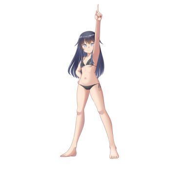 1girl akatsuki_(kancolle) arm_up armpits bikini black_bikini black_hair blue_eyes breasts commentary_request hand_on_own_hip kantai_collection long_hair looking_at_viewer moke_ro navel pointing pointing_up side-tie_bikini_bottom simple_background small_breasts smile solo standing swimsuit torpedo unfinished very_long_hair white_background