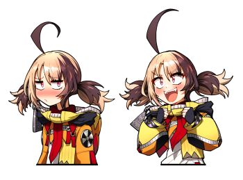 1girl ahoge black_gloves blush brown_hair closed_mouth ddolbang fingerless_gloves gigi_murin gigi_murin_(1st_costume) gloves highres hololive hololive_english hood hood_down looking_at_viewer medium_hair multicolored_hair open_mouth orange_shrug sharp_teeth shrug_(clothing) smile solo teeth two-tone_hair upper_teeth_only virtual_youtuber