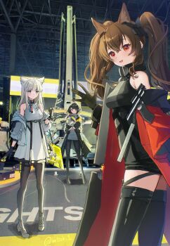 3girls :d angelina_(arknights) animal_ears arknights arknights:_endfield bag bare_shoulders bird_girl black_dress black_gloves black_hair black_pantyhose black_thighhighs blue_eyes breasts brown_hair chen_qianyu_(arknights) coat dot_nose dress fox_ears fox_girl full_body gilberta_(arknights) gloves hand_fan hand_up headgear high_collar highres holding holding_bag holding_fan indoors jacket long_hair looking_at_viewer matsuoka_(mtok_0) medium_breasts medium_hair multiple_girls no_tail off_shoulder open_clothes open_coat open_jacket open_mouth padded_jacket pantyhose perlica_(arknights) red_coat red_eyes ribbed_sweater science_fiction screentones short_dress sleeveless sleeveless_dress smile standing sweater thighhighs tote_bag truss twintails twitter_username watch white_hair white_jacket white_sweater wristwatch zettai_ryouiki