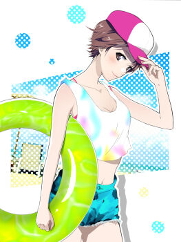 1girl adjusting_clothes adjusting_headwear aqua_shorts baseball_cap blush breasts brown_eyes brown_hair cleavage closed_mouth collarbone conone crop_top drop_shadow eyelashes hat highres holding holding_swim_ring innertube mixed-language_commentary original outline pink_hat shirt short_hair shorts sleeveless smile solo summer swim_ring tank_top tie-dye torn_clothes torn_shorts very_short_hair white_outline white_shirt