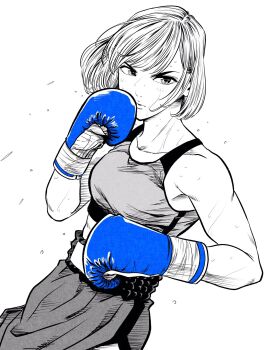 1girl blue_gloves boxing boxing_gloves breasts collarbone commentary cowboy_shot dutch_angle fighting_stance flying_sweatdrops gloves greyscale hatching_(texture) high-waist_skirt highres lee_(dragon_garou) lips medium_breasts midriff monochrome original serious short_hair side_slit skirt solo sports_bra spot_color sweat v-shaped_eyebrows