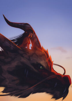 1girl absurdres black_hair blue_sky closed_mouth commentary day dragon eastern_dragon english_commentary from_side grey_eyes highres horns long_hair monster monster_focus orange_shirt original outdoors pointy_ears riding_dragon sharp_teeth shirt sky smile solo teeth titanartx