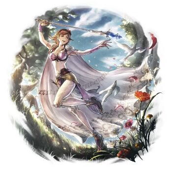 1girl agnea_bristarni alternate_costume bird final_fantasy final_fantasy_iv flower hair_flower hair_ornament octopath_traveler octopath_traveler:_champions_of_the_continent octopath_traveler_ii official_alternate_costume official_art outdoors