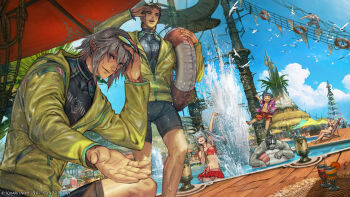 2girls 5boys bandeau bikini bird black_bikini black_bodysuit black_hair bodysuit brown_hair closed_eyes colored_skin copyright_notice crossed_legs elezen elf eyewear_on_head final_fantasy final_fantasy_xiv grey_hair grey_skin highres hyur jacket lalafell long_hair looking_at_viewer miqo'te multiple_boys multiple_girls muscular muscular_male official_art open_clothes open_shirt partially_unzipped pleated_skirt pointy_ears ponytail red_skirt roegadyn short_hair shorts skirt sunglasses swimsuit water wet