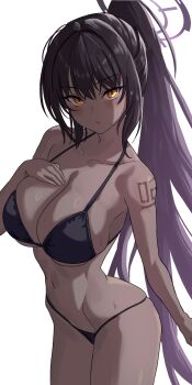 1girl bikini black_bikini black_hair blue_archive breasts cleavage collarbone commentary dark-skinned_female dark_skin enun gradient_hair hair_between_eyes halo hand_on_own_chest highres hip_bones karin_(blue_archive) large_breasts long_hair looking_at_viewer multicolored_hair navel number_tattoo ponytail purple_hair purple_halo shoulder_tattoo simple_background solo stomach sweat swimsuit tattoo thighs very_long_hair white_background yellow_eyes