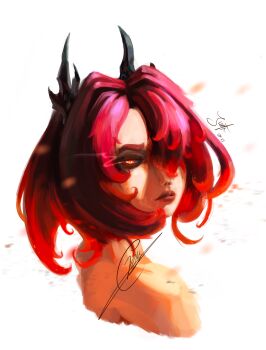 1girl absurdres arknights bare_shoulders burning crazy_cray demon_girl demon_horns embers flaming_eye furrowed_brow gradient_hair hair_intakes hair_over_one_eye highres horns lips looking_at_viewer looking_back messy_hair multicolored_hair one_eye_covered orange_eyes painterly parted_lips red_hair serious short_hair signature solo surtr_(arknights) upper_body warm_colored watermark white_background