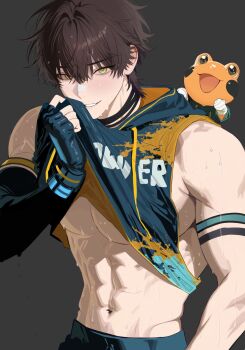 Rule 34 | 1boy, abs, animal, animal on shoulder, arm strap, bandaged arm, bandages, bandaid, bandaid on face, bandaid on nose, black gloves, blush, bracelet, brown eyes, brown hair, commentary, commission, elbow gloves, fingerless gloves, frog, gloves, green hoodie, green shorts, highres, hood, hood down, hoodie, indie virtual youtuber, jewelry, kiro (kirostyle), large pectorals, lifting own clothes, looking at viewer, male focus, muscular, muscular male, navel, pants, pectoral cleavage, pectorals, short hair, shorts, sideless outfit, simple background, smile, sweat, tight clothes, tight pants, upper body, urabenod, very sweaty, vgen commission, virtual youtuber