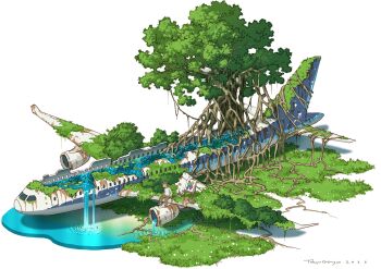 Rule 34 | 1boy, 2026, aircraft, airplane, brown hat, brown pants, canvas (object), commentary request, easel, hat, highres, male focus, moss, original, overgrown, paint palette, pants, post-apocalypse, shirt, signature, solo, tokyogenso, tree, water, waterfall, white background, white shirt, wreckage