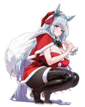 1girl animal_ears black_boots black_pantyhose blue_hair blush boots breasts capelet closed_mouth dress hat herohero_(higashi_no_dou) high_heel_boots high_heels highres holding holding_sack horse_ears horse_girl horse_tail huge_breasts long_hair mejiro_ardan_(umamusume) pantyhose purple_eyes red_capelet red_dress red_hat sack sack_behind_back santa_costume santa_dress santa_hat sidelocks smile solo squatting tail thigh_boots umamusume
