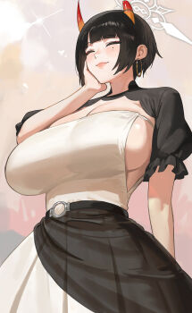 1girl ^_^ black_hair black_skirt blue_archive breasts cleavage closed_eyes closed_mouth commentary halo highres horns large_breasts mole mole_under_eye nhaliz niya_(blue_archive) puffy_short_sleeves puffy_sleeves red_horns short_hair short_sleeves skirt smile solo two-tone_skirt white_halo white_skirt