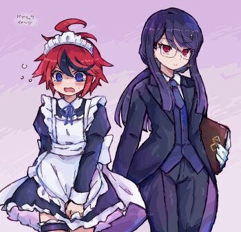 1boy 1girl ahoge alternate_costume apron black_dress black_pants black_streaks blue_eyes blush butler commentary crossdressing crossdressing_(ftm) crossdressing_(mtf) dress earrings enmaided female_butler frilled_thigh_strap frills glasses hair_ornament highres holding holding_menu jewelry kedamamax long_hair long_sleeves looking_at_viewer maid maid_apron maid_headdress male_maid menu multicolored_hair pants purple_background purple_hair purple_vest red_eyes ringed_eyes shirt shizuhara_hiruko short_hair skirt_hold streaked_hair sumino_takumi tailcoat the_hundred_line_-last_defense_academy- thigh_strap vest white_apron white_shirt