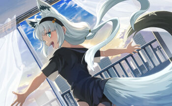 Rule 34 | 1girl, ahoge, animal ear piercing, animal ears, aqua eyes, black hairband, black panties, black shirt, city, commentary request, cowboy shot, dutch angle, fox ears, fox girl, fox tail, from behind, grey hair, hairband, hololive, indoors, lifted by tail, long hair, long shirt, looking at viewer, looking back, loungewear, low twintails, no jacket, no pants, official alternate costume, official alternate hairstyle, open mouth, outstretched arms, panties, shirakami fubuki, shirakami fubuki (loungewear), shirt, short sleeves, single off shoulder, solo, sunrise, t-shirt, tail, tokumaro, twilight, twintails, underwear, virtual youtuber, window