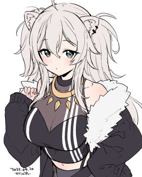 1girl ahoge animal_ears black_jacket black_shirt breasts cleavage closed_mouth fur-trimmed_jacket fur_trim grey_eyes grey_hair highres hololive jacket kanya_pyi large_breasts lion_ears lion_girl long_hair looking_at_viewer shirt shishiro_botan shishiro_botan_(1st_costume) sidelocks solo virtual_youtuber white_background