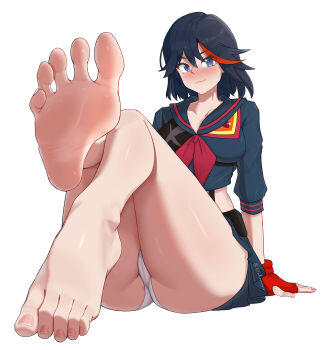 1girl absurdres alfakronoxis artist_name ass barefoot black_hair blue_eyes blush breasts cameltoe collarbone feet fingerless_gloves foot_focus gloves highres kill_la_kill large_breasts life_fiber living_clothes looking_at_viewer matoi_ryuuko multicolored_hair panties red_hair red_streaks senketsu short_hair sitting skirt smile streaked_hair suspenders thighs toes two-tone_hair underwear white_panties