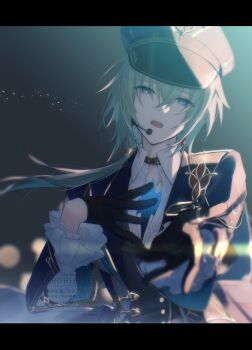 Rule 34 | 1boy, absurdres, alternate costume, anaxa (honkai: star rail), aqua hair, black gloves, black vest, blue eyes, collared shirt, commentary request, frilled sleeves, frills, gloves, hair between eyes, hat, highres, honkai: star rail, honkai (series), jacket, letterboxed, looking at viewer, male focus, null42, open mouth, shirt, side ponytail, solo, teeth, tongue, upper teeth only, vest, watermark, white shirt