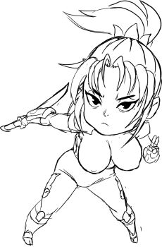 Rule 34 | breasts, chibi, fighting stance, highres, katana, large breasts, ninja, ninjatou, nipples, ponytail, short sword, sketch, skin tight, soul calibur, spandex, sword, taki (soulcalibur), teevo, weapon