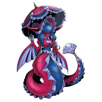 blue_scales bonnet bow bowtie colored_sclera colored_skin digimon digimon_(creature) digimon_liberator feminine frills frilly_clothing holding holding holding_umbrella horns lamia lamiamon monster_girl official_art parasol pink_scales scales serpentine snake_tail tail umbrella winged_arms wings