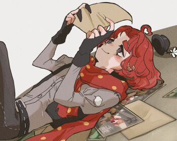 1boy :3 ahoge belt black_belt black_gloves black_pants black_vest claws commentary_request cowboy_shot cropped_vest cross-shaped_pupils fingerless_gloves gloves grey_eyes grey_shirt hair_intakes hat heart heart_ahoge highres holding holding_paper identity_v looking_at_object lying male_focus medium_hair on_back pants paper perorinsr polka_dot polka_dot_scarf red_hair red_scarf scarf shirt smile solo striped_blush stuffing symbol-shaped_pupils unworn_hat unworn_headwear vest weeping_clown_(identity_v)