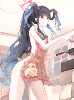 ! 1girl absurdres apron black_hair blue_archive blush breasts closed_mouth commentary_request cooking demon_girl demon_horns fuuka_(blue_archive) halo highres holding_pan horns long_hair looking_at_viewer naked_apron ponytail red_halo small_breasts solo sunnysideup sweatdrop very_long_hair