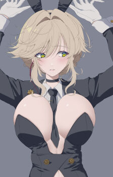 1girl ade_(agent_bunny)_(nikke) ade_(nikke) animal_ear_hairband animal_ears arms_up between_breasts black_choker black_jacket black_leotard black_necktie blonde_hair blush braid breasts bun_with_braided_base choker cleavage clothing_cutout commentary_request earpiece fake_animal_ears gloves goddess_of_victory:_nikke green_eyes grey_background hair_between_eyes hair_bun hair_intakes hair_ornament hairband highres jacket kariginu_(gureviyo582) large_breasts leotard long_sleeves looking_to_the_side navel_cutout necktie necktie_between_breasts official_alternate_costume parted_lips playboy_bunny rabbit_ear_hairband rabbit_ears sidelocks simple_background solo standing sweatdrop swept_bangs undersized_breast_cup upper_body white_wrist_cuffs wrist_cuffs
