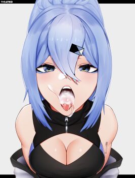 1girl absurdres after_fellatio arm_tattoo artist_name bare_shoulders black_shirt blue_eyes blue_eyeshadow blue_hair breasts cleavage cleavage_cutout clothing_cutout cum cum_in_mouth cum_on_body cum_on_tongue dot_nose expressionless eyelashes eyeshadow facial female_focus from_above grey_background grey_jacket hair_between_eyes hair_ornament hairclip high_ponytail highres implied_hetero jacket jacket_partially_removed large_breasts light_blush long_hair looking_at_viewer looking_up makeup open_mouth original ponytail pov saki_(the_atko) shirt simple_background sleeveless sleeveless_shirt solo tattoo teeth the_atko tongue tongue_out upper_body upper_teeth_only zipper