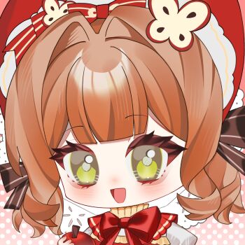 1girl apple apple_slice beret black_bow blunt_bangs bow bowtie brown_hair chibi cuchao_banli dress eyelashes food food-themed_clothes food-themed_hair_ornament food-themed_hat_ornament frilled_dress frills fruit green_eyes hair_bow hair_intakes hair_ornament happy hat hat_bow hat_ornament highres holding holding_food holding_fruit infinity_nikki light_blush looking_at_viewer low_twintails nikki_(series) open_mouth pinafore_dress pink_background polka_dot polka_dot_background puffy_short_sleeves puffy_sleeves red_bow red_bowtie red_dress red_hat shirt short_hair short_sleeves sleeveless sleeveless_dress smile solo striped_bow sweet_memories_(infinity_nikki) turtleneck turtleneck_shirt twintails upper_body wavy_hair white_shirt