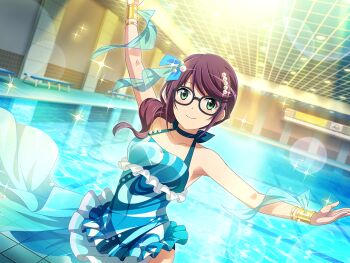 1girl arm_up blue_dress closed_mouth collarbone dress dutch_angle frilled_dress frills game_cg glasses green_eyes hair_ornament hair_over_shoulder hoshimi_junna indoors long_hair looking_at_viewer official_art outstretched_arms ponytail pool purple_hair shoujo_kageki_revue_starlight shoujo_kageki_revue_starlight_-re_live- smile solo upper_body water
