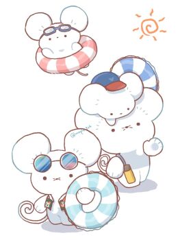 Rule 34 | baseball cap, commentary request, goggles, hat, holding, jumping, kana (maple926), maushold, maushold (family of four), mouse (animal), nintendo, no humans, on head, pokemon, pokemon (creature), pokemon focus, shirt, simple background, standing, swim ring, whiskers, white background