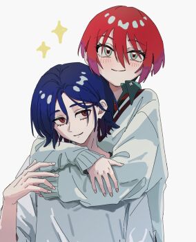 1boy 1girl amate_yuzuriha aqua_eyes aqua_shirt arms_around_neck blue_hair blush colored_inner_hair commentary gundam gundam_gquuuuuux hair_between_eyes hug hug_from_behind long_sleeves looking_at_viewer multicolored_eyes multicolored_hair o6nuqm red_eyes red_hair school_uniform shirt short_hair shuji_ito smile smirk smug sparkle sparkling_aura sweater two-tone_eyes two-tone_hair wavy_hair white_background white_shirt white_sweater