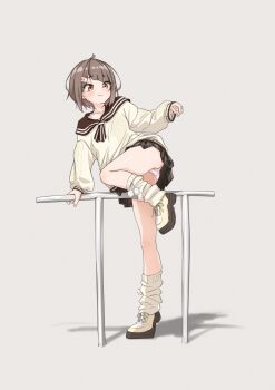 1girl brown_eyes brown_hair brown_sailor_collar brown_skirt cake506 character_request closed_mouth commentary_request copyright_request full_body grey_background highres loose_socks panties plaid_clothes plaid_skirt pleated_skirt sailor_collar school_uniform serafuku shoes short_hair simple_background skirt sneakers socks solo standing standing_on_one_leg sweater underwear white_panties