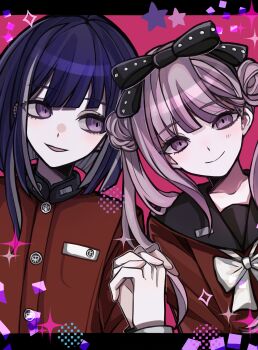 1boy 1girl absurdres black_bow black_hairband black_sailor_collar bow bowtie brother_and_sister buttons chinese_commentary closed_mouth colored_inner_hair commentary_request double_bun earclip eyelashes eyes_visible_through_hair gakuran hair_bow hair_bun hairband high_collar highres holding_hands jacket letterboxed long_hair long_sleeves looking_at_viewer medium_hair multicolored_hair open_mouth outside_border pink_background pink_eyes pink_hair purple_hair qiu_tu red_jacket red_shirt sailor_collar sailor_shirt school_uniform shirt siblings single_sidelock smile sparkle star_(symbol) the_hundred_line_-last_defense_academy- tsukumo_ima tsukumo_kako twins twintails two-tone_hair white_bow white_bowtie white_hair