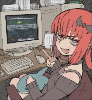 1girl :d black_choker brown_sweater can chair choker commentary commission computer computer_keyboard computer_mouse computer_tower crt drink_can english_commentary fang gabriel_dropout hand_up ikea_shark jitome looking_at_viewer monitor monster_energy off-shoulder_sweater off_shoulder office_chair open_mouth pantsu-ripper satanichia_kurumizawa_mcdowell sitting sleeves_past_wrists smile soda_can solo stuffed_animal stuffed_shark stuffed_toy sweater swivel_chair v v-shaped_eyebrows