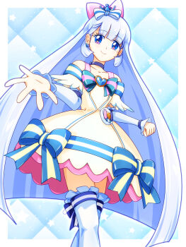 1girl animal_ear_hairband animal_ears aqua_bow argyle_background arm_warmers bare_shoulders blue_background blue_bow blue_choker blue_crown blue_eyes blue_hairband blunt_bangs blunt_ends border bow brooch cat_ear_hairband cat_ears choker clenched_hand collarbone colored_petticoat commentary cowboy_shot crossed_legs crown crown_earrings cure_nyammy dress dress_bow earrings fake_animal_ears frilled_arm_warmers frilled_dress frilled_thighhighs frills hairband heart heart_brooch highres jewelry long_hair looking_at_viewer magical_girl medium_dress mimimix mini_crown multicolored_bow nekoyashiki_yuki off-shoulder_dress off_shoulder outside_border outstretched_hand pact_holder petticoat pouch precure reaching reaching_towards_viewer shiny_cats_pact smile solo spread_fingers standing striped_bow thighhighs tilted_headwear very_long_hair white_arm_warmers white_border white_bow white_dress white_hair white_thighhighs wonderful_precure! zettai_ryouiki