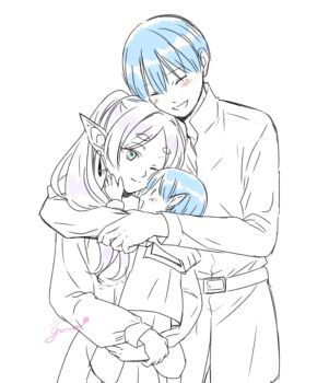 1boy 1girl 1other aruna blue_hair blush closed_mouth couple cowboy_shot dress earrings elf frieren green_eyes hair_between_eyes hair_over_shoulder hand_on_another&#039;s_cheek hand_on_another&#039;s_face hetero himmel_(sousou_no_frieren) hug hug_from_behind if_they_mated jewelry limited_palette long_hair one_eye_closed parent_and_child parted_bangs parted_lips pointy_ears sailor_collar shirt short_hair sign smile sousou_no_frieren teeth thick_eyebrows twintails white_background white_dress white_sailor_collar white_shirt