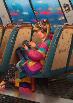 Rule 34 | 10s, 1990s (style), 1993, 1girl, 2018, bag, black leggings, blonde hair, blue eyes, blue shorts, box, bus interior, cassette player, cool s, dance planet, denim, denim shorts, graffiti, headphones, heart, highres, holding, idfer, jacket, leggings, leggings under shorts, listening to music, long hair, long sleeves, looking down, original, panasonic, panasonic corporation, pink jacket, polka dot, polka dot legwear, ponytail, poster (object), rain, retro artstyle, scrunchie, shoes, shopping bag, shorts, sitting, sneakers, socks, walkman, white shoes, window, yellow socks