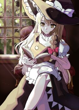 Rule 34 | 1girl, apron, armchair, black hat, black skirt, black vest, blonde hair, book, bow, braid, chair, closed mouth, commentary request, dinotodon, frilled hat, frilled sleeves, frills, hair bow, hat, hat bow, highres, holding, holding book, indoors, kirisame marisa, light rays, long hair, puffy short sleeves, puffy sleeves, reading, red bow, shirt, short sleeves, single braid, sitting, skirt, solo, touhou, tree, vest, waist apron, white bow, white shirt, window, witch hat
