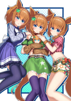 absurdres animal_ears armband bandana bandeau bare_shoulders blue_eyes blush bow bowtie braid braided_ponytail breasts brown_gloves brown_hair commentary_request gloves green_armband green_bandeau green_skirt hair_between_eyes hair_bow hair_ornament highres horse_ears horse_girl horse_tail jewelry long_hair looking_at_viewer midriff multiple_girls necklace official_alternate_costume parted_lips pink_shirt pink_top plaid_clothes plaid_shirt pleated_skirt ponytail purple_sailor_collar purple_serafuku purple_shirt purple_skirt purple_thighhighs red_bandana sailor_collar sailor_shirt school_uniform serafuku shirt shorts skirt star_(symbol) star_hair_ornament taiki_shuttle_(bubblegum_memories)_(umamusume) taiki_shuttle_(umamusume) taiki_shuttle_(wild_frontier)_(umamusume) tail textless_version thighhighs tracen_school_uniform umamusume white_bow white_bowtie white_shorts yamada_(c57hikaru)