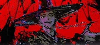 Rule 34 | 1boy, abby (kpop demon hunters), black hanbok, black hat, changback99, demon, evil smile, eyelashes, fingernails, gat (hat), gatkkeun, hanbok, hashtag-only commentary, hat, highres, korean clothes, kpop demon hunters, long fingernails, looking to the side, open mouth, red background, short hair, smile, yellow eyes