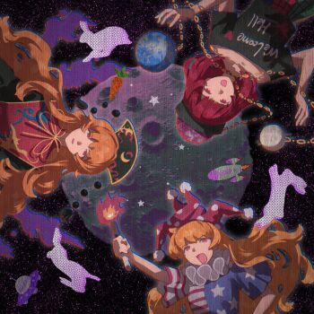 3girls absurdres american_flag american_flag_dress american_flag_print american_flag_shirt black_dress black_shirt blonde_hair chain chinese_clothes clothes_writing clownpiece commentary crescent crescent_print dalachi_(headdress) dress earth_(ornament) fairy flag_print gold_chain hat hecatia_lapislazuli highres holding holding_torch jester_cap junko_(touhou) legacy_of_lunatic_kingdom moon moon_(ornament) multiple_girls neck_ruff off_shoulder open_mouth polka_dot polka_dot_headwear pom_pom_(clothes) print_shirt red_eyes red_hair red_tabard shirt sky star_(sky) star_(symbol) star_print starry_sky symbol-only_commentary t-shirt tabard tansuyuli torch touhou