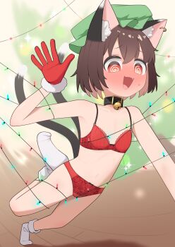 1girl :3 @_@ absurdres alternate_costume animal_ear_fluff animal_ear_piercing animal_ears asakura_haru bare_shoulders bell blush bow bow_bra bow_panties bra brown_hair cat_ears cat_tail chen christmas_lights christmas_tree collar commentary_request entangled fang flat_chest full-face_blush gloves hat highres loli mob_cap multiple_tails nekomata one_eye_closed open_mouth panties raised_inner_eyebrows red_bra red_eyes red_gloves red_panties short_hair socks solo stomach sweatdrop tail touhou two_tails underwear white_socks