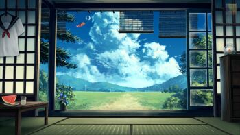 bamboo_screen blue_flower cloud cloudy_sky commentary cumulonimbus_cloud english_commentary field fishbowl flower food fruit glass highres indoors monempi morning_glory mountainous_horizon no_humans open_door original path plant potted_plant power_lines purple_flower road sailor_collar sailor_shirt scenery shirt shouji sky sliding_doors sudare summer table tatami unworn_shirt watermelon watermelon_slice white_shirt wind_chime