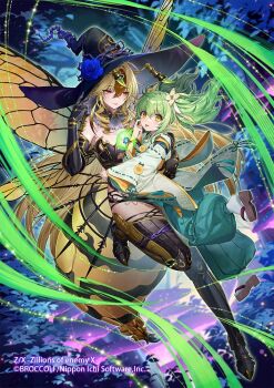 2girls abdomen_tail ahoge akanbe antennae arthropod_girl bee_girl black_boots black_gloves black_hair black_hat black_leotard blonde_hair blue_flower blue_rose boots breasts carrying cleavage closed_mouth copyright_notice curly_hair domeki_kisara elbow_gloves eyelid_pull flower gloves gold_trim green_hair green_hakama hair_between_eyes hakama hakama_pants hat hat_flower insect_girl insect_wings japanese_clothes kimono large_breasts leotard light_trail multicolored_hair multiple_girls official_art pants red_eyes rose sandals shoes spinel_(9057) thigh_boots tongue tongue_out twintails vesparose white_shoes wings witch_hat z/x zouri