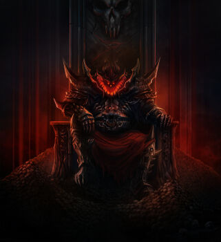 1boy absurdres armor armored_boots baklaher black_armor boots breastplate chaos_(warhammer) collar demon full_armor gauntlets gloves glowing glowing_eyes greaves headpiece hell heresy_(warhammer) highres horns khorne looking_at_viewer multiple_horns ornate_armor pauldrons pile_of_skulls red_eyes red_skirt sharp_teeth shoulder_armor skirt skull solo spiked_armor spiked_boots spiked_collar spiked_gauntlets spiked_pauldrons spikes teeth vambraces warhammer_40k