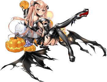 1girl artist_self-insert black_dress black_thighhighs blush breasts brown_eyes candle clothing_cutout cross-laced_clothes cross-laced_cutout dress fake_wings full_body garter_straps halloween halloween_costume jack-o'-lantern johnston_(halloween)_(kancolle) johnston_(kancolle) kantai_collection light_brown_hair long_hair looking_at_viewer medium_breasts off_shoulder official_art rigging thighhighs torn_clothes transparent_background two_side_up vampire vampire_costume wings zeco