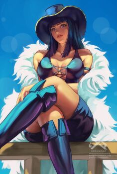 1girl 2026 adapted_costume armlet artist_name black_hair blue_sky blunt_bangs boots breasts cleavage coat collarbone commentary cowboy_hat cross-laced_clothes cross-laced_top crossed_legs deviantart_username gradient_sky hat highres instagram_username jewelry looking_at_viewer medium_hair nico_robin nico_robin_(alabasta) nico_robin_(whisky_peak) one_piece parted_lips patreon_username purple_boots purple_shirt shirt sitting sky solo white_coat xredmhar