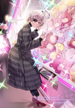 1girl against_glass arcade black_shirt clenched_teeth coat copyright_notice crane_game eyepatch grey_hair hand_on_glass high_heels highres lisa_brunhild looking_back multicolored_hair official_art one_eye_covered orange_hair plaid_clothes plaid_coat shirt smile solo sora-bozu sparkle stuffed_animal stuffed_toy teddy_bear teeth yellow_eyes z/x