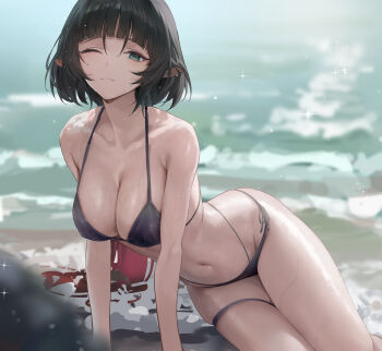 1girl absurdres animal_ears bare_arms bare_legs bikini black_bikini black_bra black_hair bra breasts cleavage cowboy_shot far_side green_eyes highres jane_doe_(zenless_zone_zero) large_breasts light_smile long_hair looking_at_viewer mouse_ears mouse_girl multicolored_hair navel ocean one_eye_closed outdoors red_hair sand smile solo swimsuit thighs two-tone_hair underwear water wet zenless_zone_zero