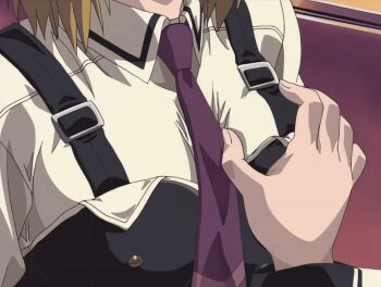 00s 2002 2girls animated animated_gif bible_black bible_black_gaiden blonde_hair breasts classroom grabbing_another's_breast groping groping_breast kitami_reika kozono_nami large_breasts multiple_girls necktie school school_uniform shirt short_hair sunset suspenders tagme white_shirt window yuri