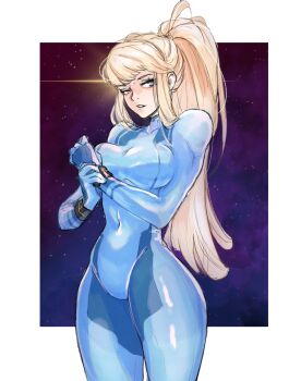 1girl absurdres blonde_hair blue_bodysuit blue_eyes bodysuit breasts high_ponytail highres long_hair looking_at_viewer metroid neas57 nintendo parted_lips ponytail samus_aran thick_thighs thighs very_long_hair zero_suit