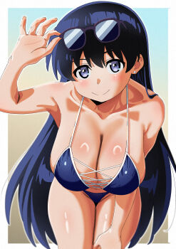 1girl absurdres adjusting_eyewear arato_nagi bent_over bikini black_hair blue_bikini blue_eyes breasts cleavage collarbone commentary_request cross-laced_bikini cross-laced_clothes earrings eyewear_on_head gradient_background halterneck hand_on_own_thigh hanging_breasts highres huge_breasts jewelry leaning_forward long_hair looking_at_viewer ring_light_reflection ruri_no_houseki solo string_bikini stud_earrings sunglasses swimsuit thighs torasansan011 very_long_hair